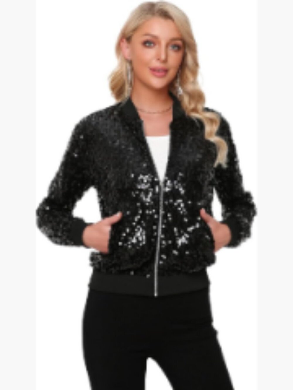 Sequin Bomber Jacket Long Sleeve Zipper Pockets Casual Party